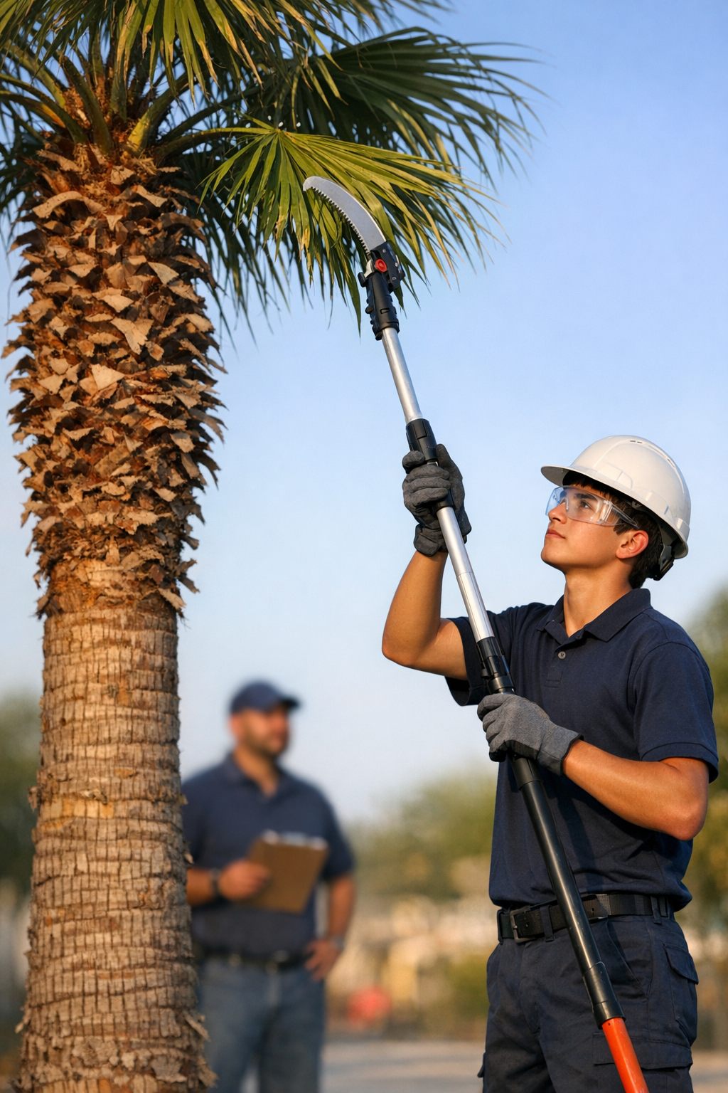 The Teen Hustle Crew teen crew member in safety goggles and a hard hat actively trimming a palm tree with a manual pole saw